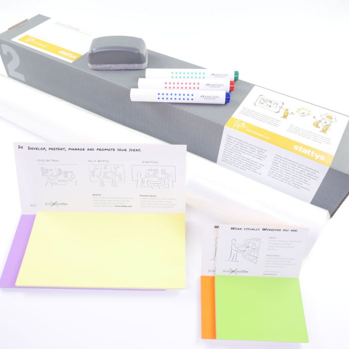 Stattys Office Set, Stattys, slickynotes, stattys-notes, Whiteboardfolien, Stattys Notes Starter Set 1, Starter-Kit, Starter-Set Whiteboard, Traveler-Set, Reise-Set, Business-Set, statisches Whiteboard, selbstklebend Whiteboard, elektrostatisch