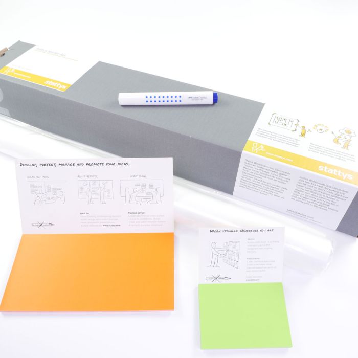 Stattys Starter Set, Stattys, slickynotes, stattys-notes, Whiteboardfolien, Stattys Notes Starter Set 1, Starter-Kit, Starter-Set Whiteboard, Traveler-Set, Reise-Set, Business-Set, statisches Whiteboard, selbstklebend Whiteboard, elektrostatisch