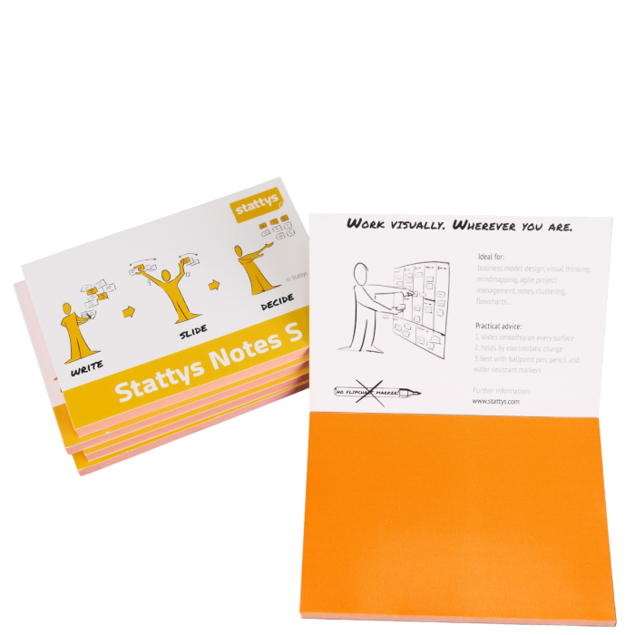 Stattys Notes S, pack of 5 in orange, electrostatic self-adhesive moderation cards, self-adhesive notepaper, sticky magnetic notes, moderation card, stattys, sticky notes, statty, static notes, notepad, pad for drawing