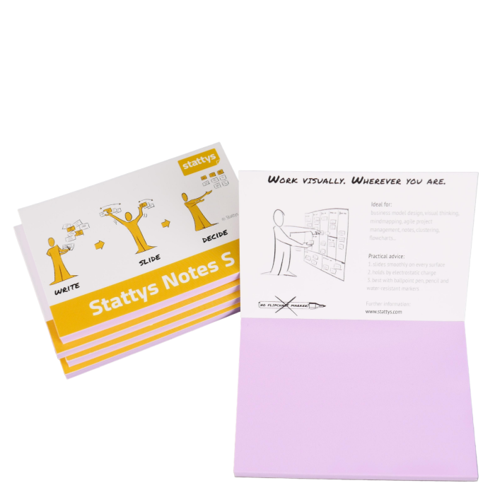 Set von 5, Farbe hell lila, elektrostatisch selbstklebende Moderations-Karten, selbstklebendes Notizpapier, Sticky Magnetic Notes, Moderations-Karte, stattys, sticky notes, stattys notes, statty, static notes, Folie elektrostatisch, Notizzettel, Block zum