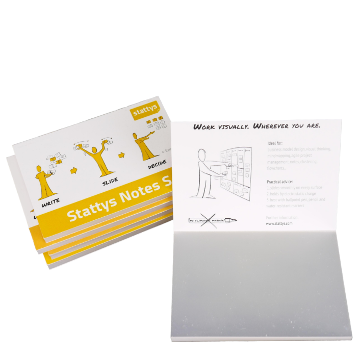 Stattys Notes S, pack of 5 in transparent, electrostatic self-adhesive moderation cards, self-adhesive notepaper, sticky magnetic notes, moderation card, stattys, sticky notes, statty, static notes, notepad, pad for drawing