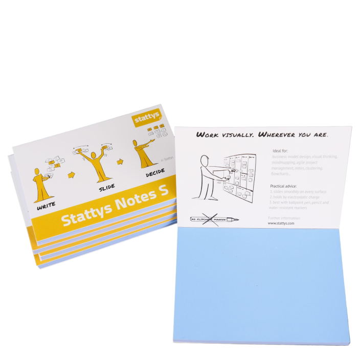 Stattys Notes S, pack of 5 in blue, electrostatic self-adhesive moderation cards, self-adhesive notepaper, sticky magnetic notes, moderation card, stattys, sticky notes, statty, static notes, notepad, pad for drawing