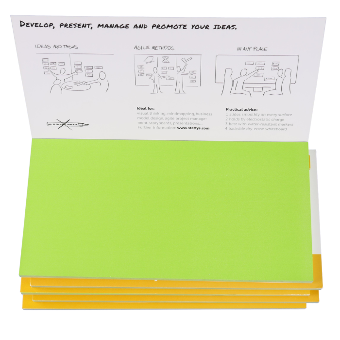 Stattys Notes S, 5er Set grün, elektrostatisch selbstklebende Moderations-Karten, selbstklebendes Notizpapier, Sticky Magnetic Notes, Moderations-Karte, stattys, stickynotes, static notes, statty, Folie elektrostatisch, Notizzettel, Block zum Malen