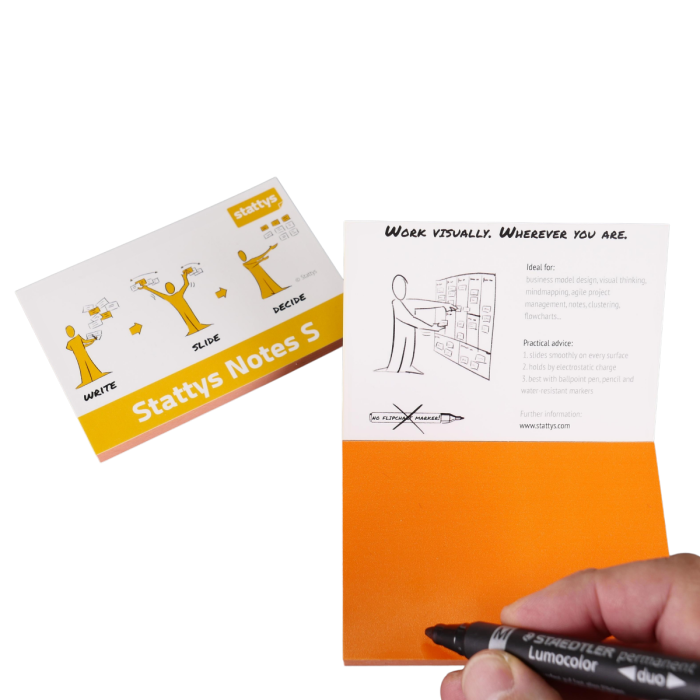 Stattys Notes S, orange, elektrostatisch selbstklebende Moderations-Karten, selbstklebendes Notizpapier, Sticky Magnetic Notes, Moderations-Karte, stattys, stickynotes, static notes, statty, Folie elektrostatisch, Notizzettel, Block zum Malen