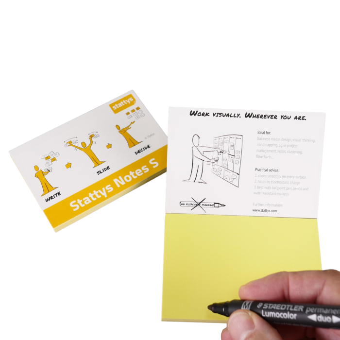 Stattys Notes S, gelb, elektrostatisch selbstklebende Moderations-Karten, selbstklebendes Notizpapier, Sticky Magnetic Notes, Moderations-Karte, stattys, stickynotes, static notes, statty, Folie elektrostatisch, Notizzettel, Block zum Malen