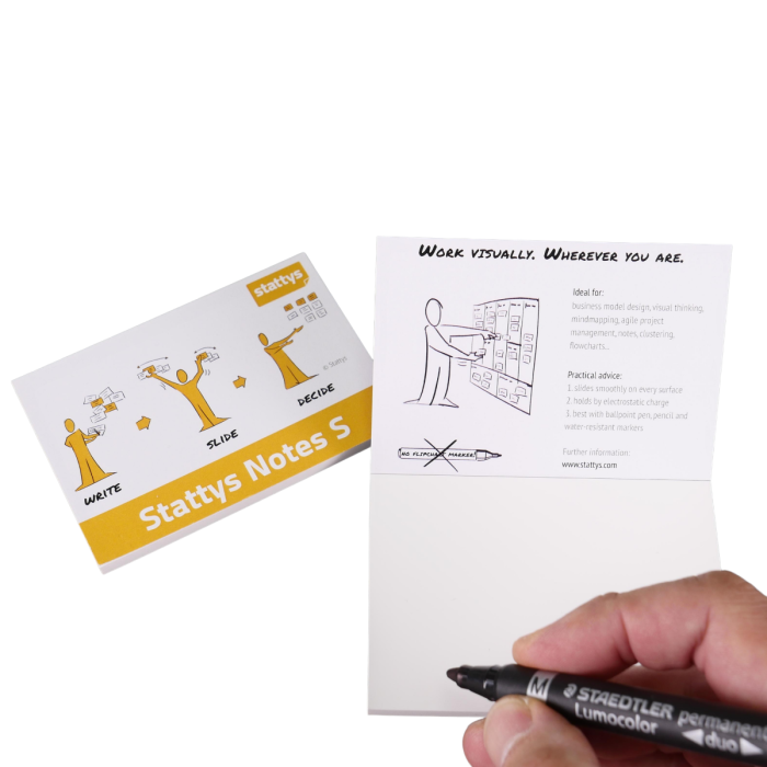 Stattys Notes S, weiß, elektrostatisch selbstklebende Moderations-Karten, selbstklebendes Notizpapier, Sticky Magnetic Notes, Moderations-Karte, stattys, stickynotes, static notes, statty, Folie elektrostatisch, Notizzettel, Block zum Malen