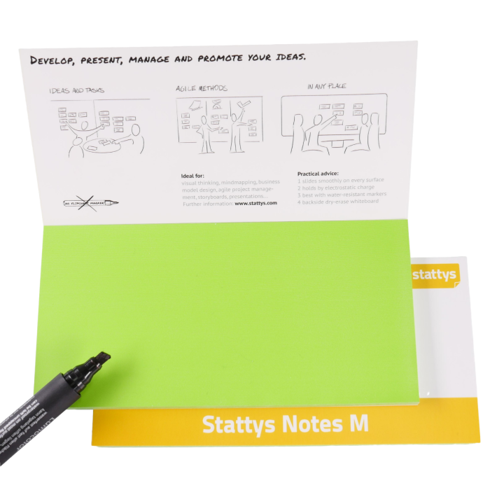 Stattys Notes M, grün, elektrostatisch selbstklebende Moderations-Karten, selbstklebendes Notizpapier, Sticky Magnetic Notes, Moderations-Karte, stattys, stickynotes, static notes, statty, Folie elektrostatisch, Notizzettel, Block zum Malen