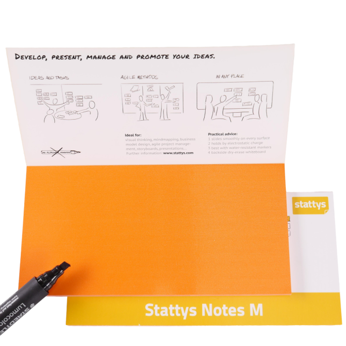 Stattys Notes M, orange, elektrostatisch selbstklebende Moderations-Karten, selbstklebendes Notizpapier, Sticky Magnetic Notes, Moderations-Karte, stattys, stickynotes, static notes, statty, Folie elektrostatisch, Notizzettel, Block zum Malen