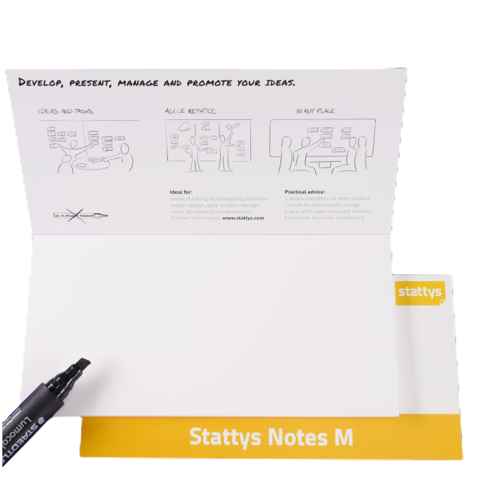 Stattys Notes M, weiß, elektrostatisch selbstklebende Moderations-Karten, selbstklebendes Notizpapier, Sticky Magnetic Notes, Moderations-Karte, stattys, stickynotes, static notes, statty, Folie elektrostatisch, Notizzettel, Block zum Malen
