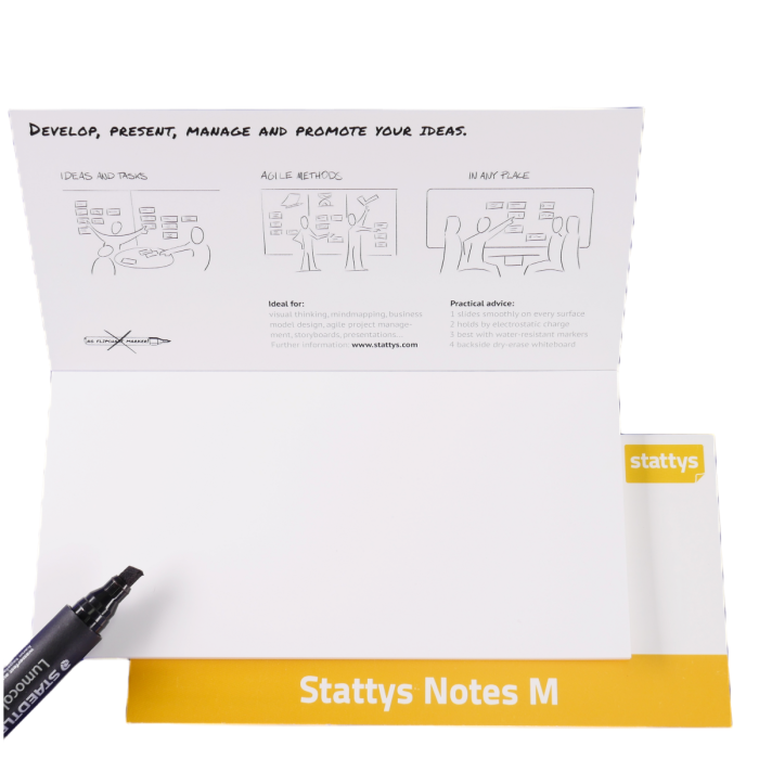 Stattys Notes M, weiß, elektrostatisch selbstklebende Moderations-Karten, selbstklebendes Notizpapier, Sticky Magnetic Notes, Moderations-Karte, stattys, stickynotes, static notes, statty, Folie elektrostatisch, Notizzettel, Block zum Malen