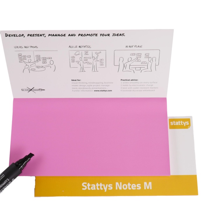Stattys Notes M, pink, elektrostatisch selbstklebende Moderations-Karten, selbstklebendes Notizpapier, Sticky Magnetic Notes, Moderations-Karte, stattys, stickynotes, static notes, statty, Folie elektrostatisch, Notizzettel, Block zum Malen

