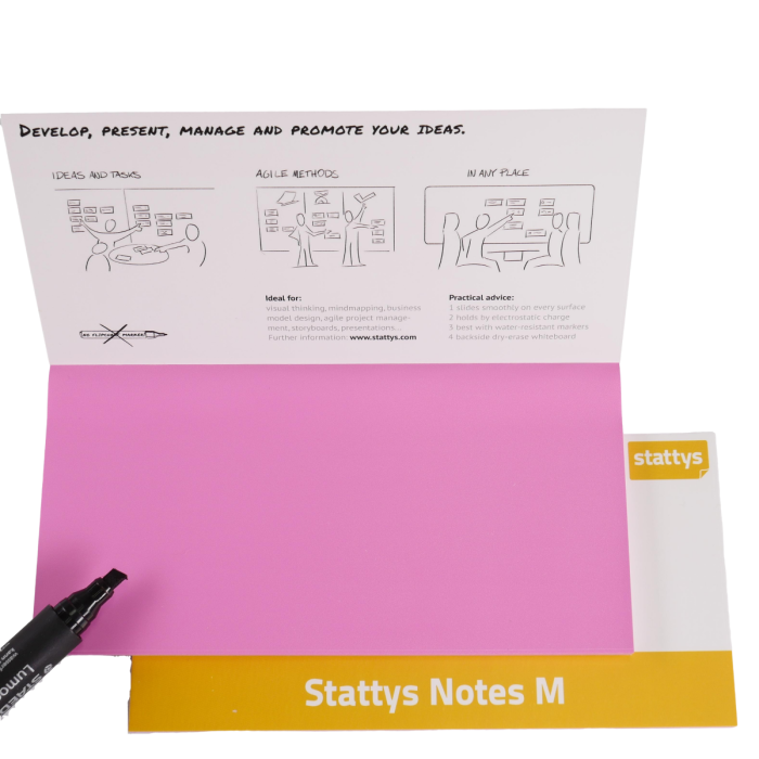 Stattys Notes M, pink, elektrostatisch selbstklebende Moderations-Karten, selbstklebendes Notizpapier, Sticky Magnetic Notes, Moderations-Karte, stattys, stickynotes, static notes, statty, Folie elektrostatisch, Notizzettel, Block zum Malen