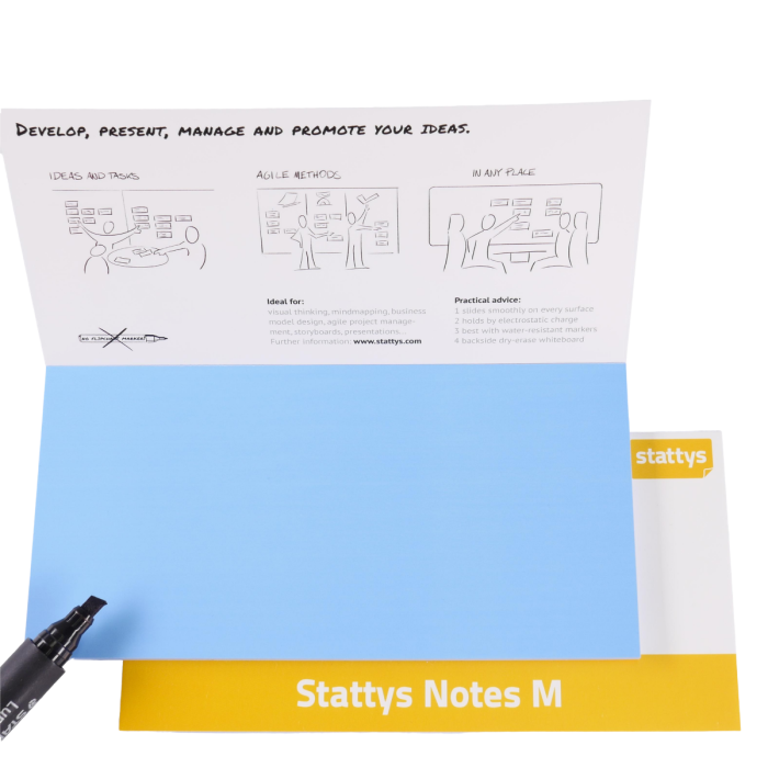 Stattys Notes M blue, electrostatic self-adhesive moderation cards, self-adhesive notepaper, sticky magnetic notes, moderation card, stattys, sticky notes, statty, static notes, notepad, pad for drawing