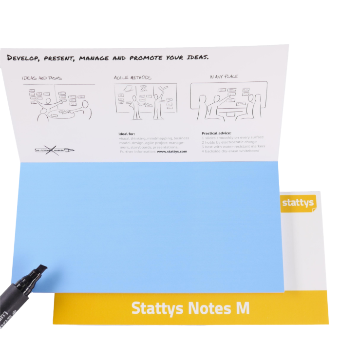 Stattys Notes M blau,  elektrostatisch selbstklebende Moderations-Karten, selbstklebende Notizpapier, Sticky Magnetic Notes, Moderations-Karte, stattys, stickynotes, static notes, statty, Folie, Notizzettel, Block zum Malen, Büro Set