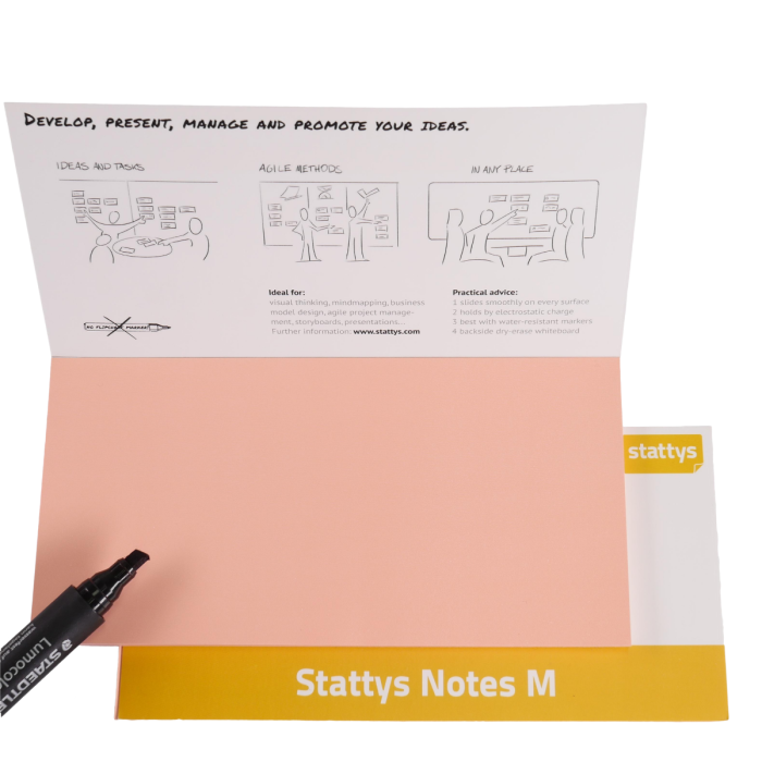 Stattys Notes M rose, elektrostatisch selbstklebende Moderations-Karten, selbstklebendes Notizpapier, Sticky Magnetic Notes, Moderations-Karte, stattys, stickynotes, static notes, statty, Folie elektrostatisch, Notizzettel, Block zum Malen