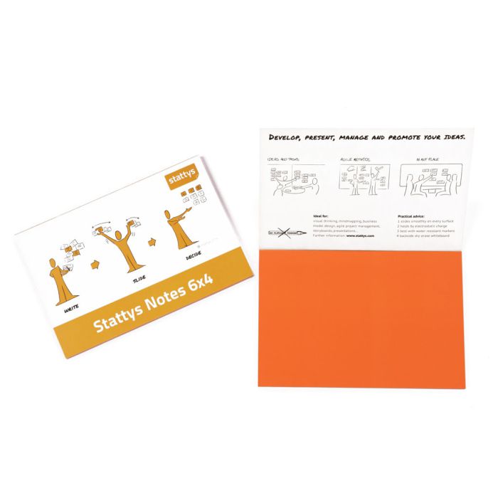 Stattys Notes 6“ x 4“ (15.3 x 10.2 cm),  orange, electrostatic self-adhesive moderation cards, self-adhesive notepaper, sticky magnetic notes, moderation card, stattys, stickynotes, stattys notes, statty, electrostatic foil, notepad, pad for drawing, offi